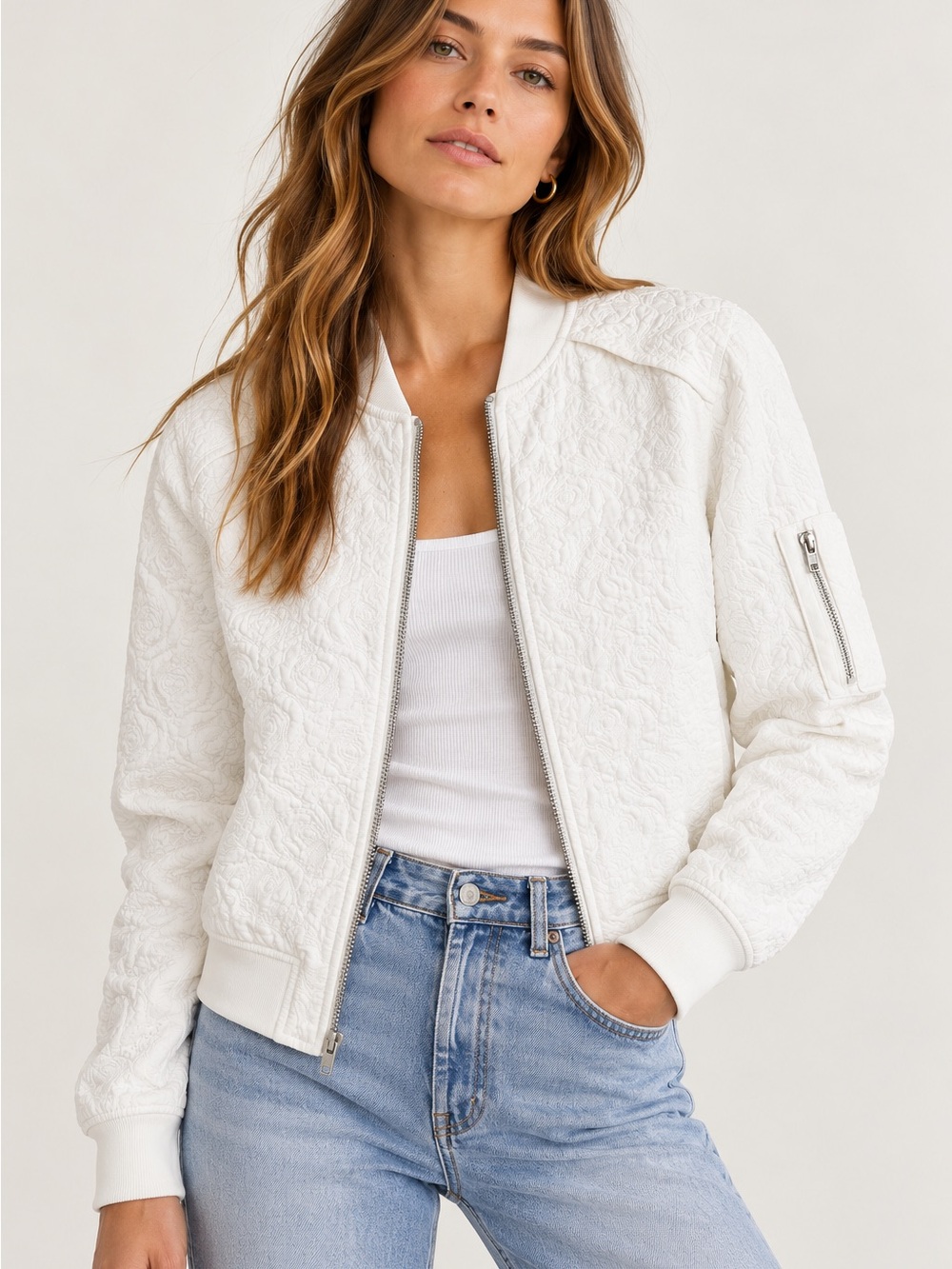 A.L.C. White Floral Jacquard Textured Bomber Jacket Size 4